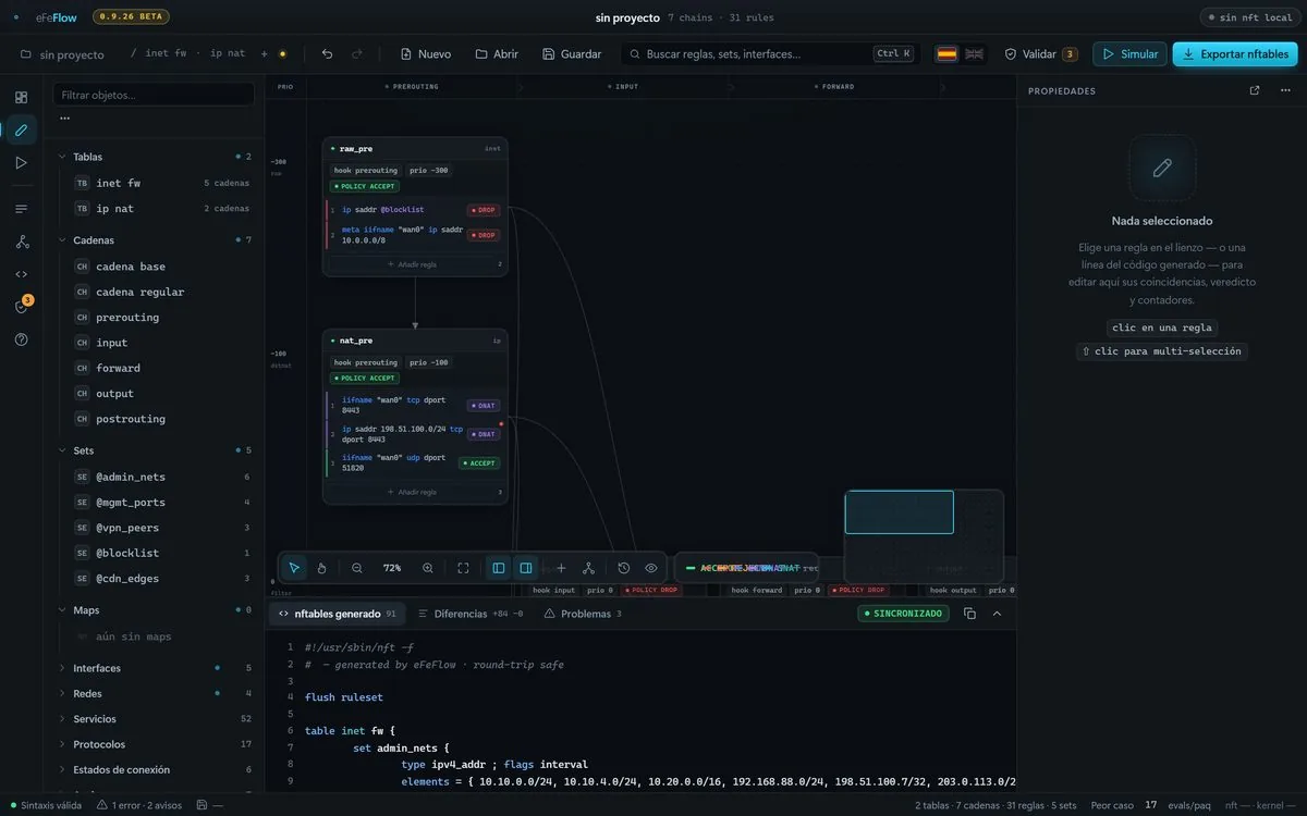 El editor visual de eFeFlow: cadenas colocadas en los hooks de netfilter por orden de prioridad, con el nftables generado en vivo abajo