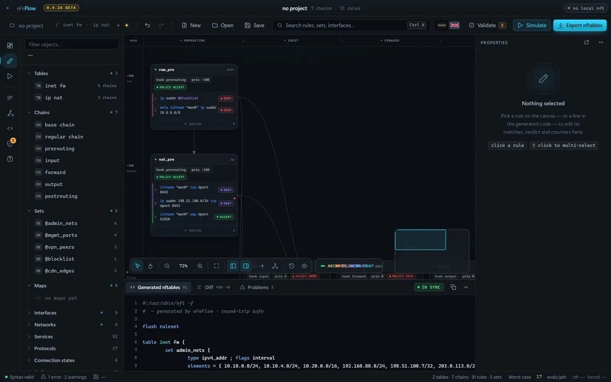 The eFeFlow visual editor: chains placed on netfilter hooks in priority order, with the generated nftables live below